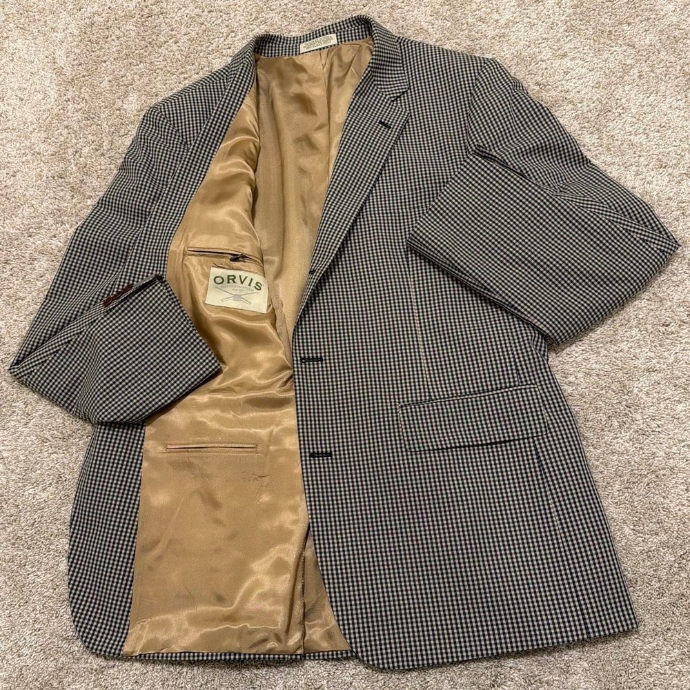90s Vintage Orvis Check Blazer | Navy & Tan | Large
